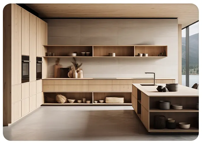 کابینتهای MDF با قفسههای باز و دستگیرههای مخفی